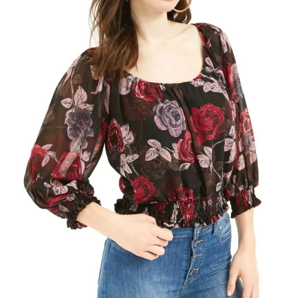 GUESS Blouse top XS Black Floral 3/4 Sleeve Scoop Neck Gathered waist sleeve NEW